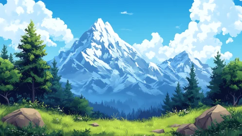 Skybright alpine summit above a sunlit forest cradle.