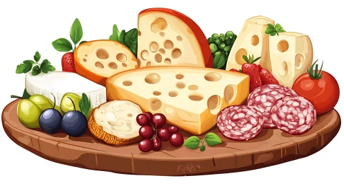 Gourmet cheese and charcuterie board with ripe fruits and herbs.