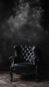 Tufted black leather wingback chair in dark smoky interior