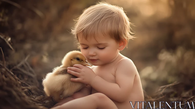 Young child holding duckling in outdoor setting.