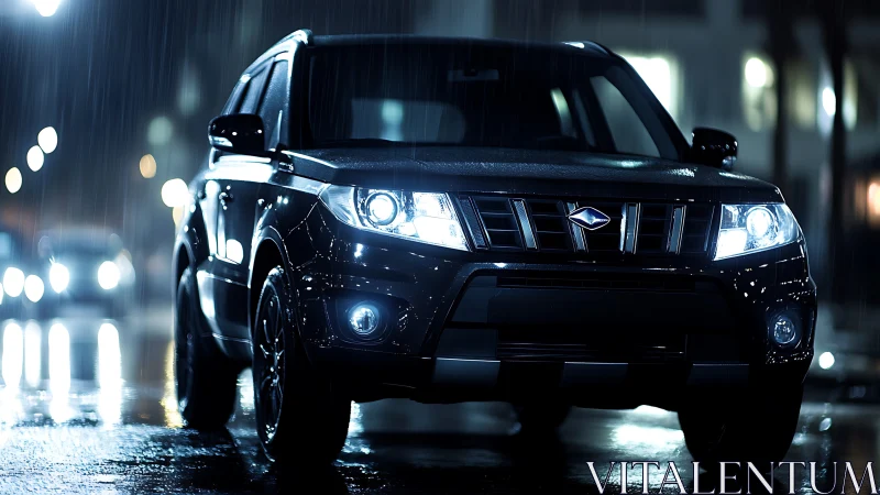 Black SUV cuts through wet city night with piercing headlights.