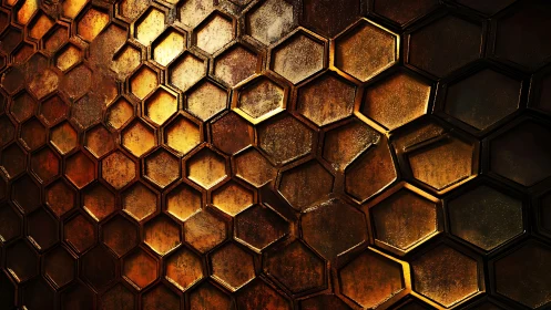 Golden metal honeycomb wall catches dramatic side light.