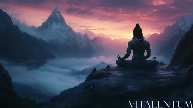 Digital painting of meditative deity over misty mountain vista.