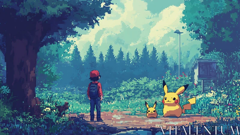 Trainer and Pikachu encounter in pixelated forest wilderness