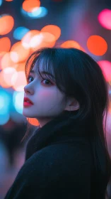 Neon dusk muse beneath blurred citylight constellations.