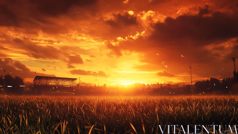Glowing sunset pours golden light over a quiet city field