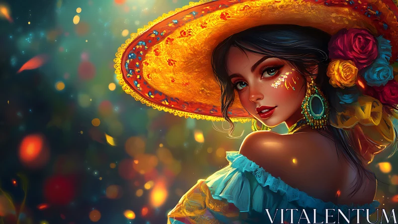 Chromatic portrait of festive woman in luminous sombrero code.