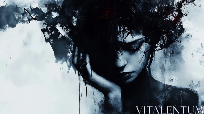 Monochrome portrait with abstract ink-like background elements.