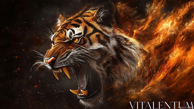 Roaring tiger head dissolves into incandescent flame trails