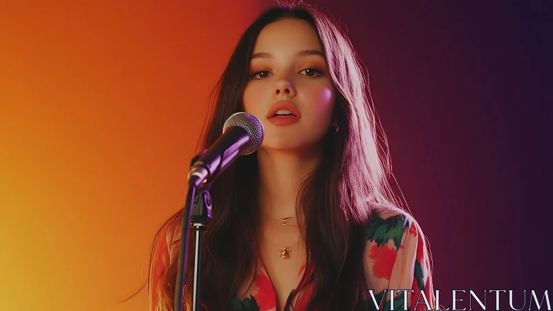 Young singer stands at microphone under split color light