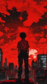 Crimson rooftop sentinel facing a storm-lit neon skyline.