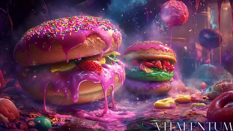 Digital painting of neon-glazed dessert burgers in vapor haze.