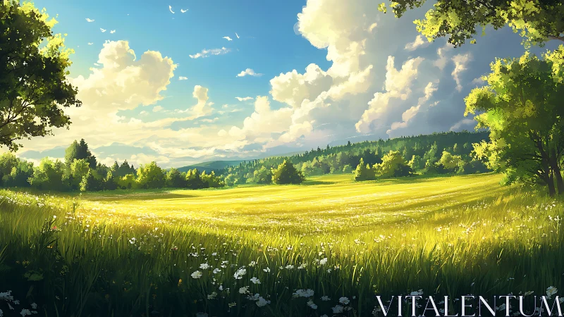 Sunlit summer meadow under expansive cloud-filled sky.