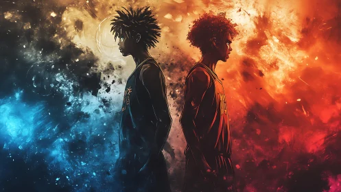 Digital painting of dual athletes in elemental color conflict.