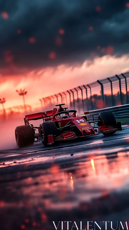 Sunset sprint with a scarlet race car on rain-slick track.
