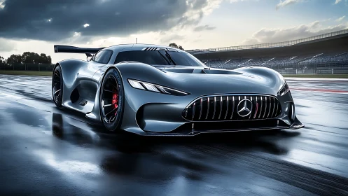 Storm-chasing silver hypercar stalking a rain-slick circuit.