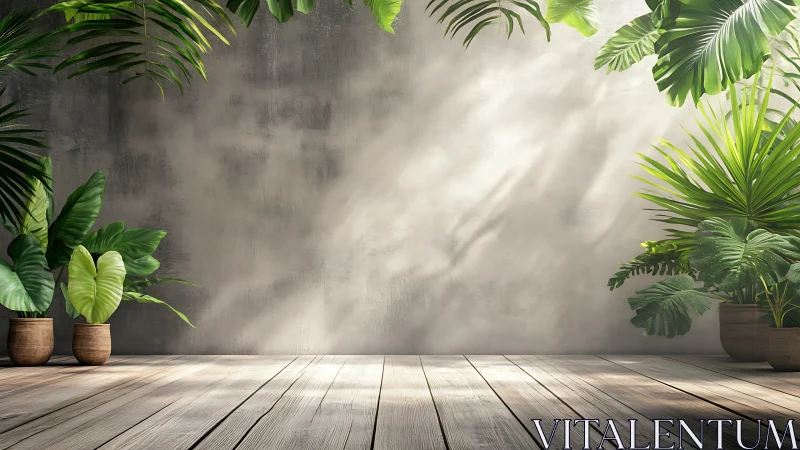 Sunlit jungle corner framing a calm wooden floor stage.