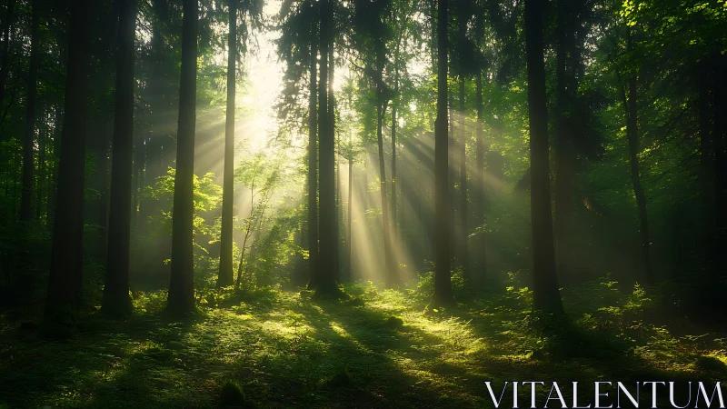 Sunbeams Filtering Through Dense Forest in Tranquil Morning Light.