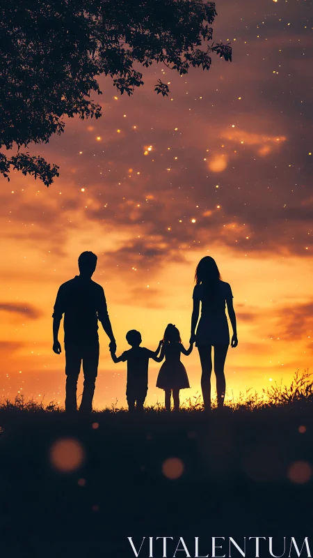 Sunset stroll with family beneath softly glowing skies.