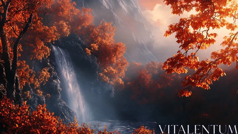 Autumn waterfall cascades through misted valley in soft light