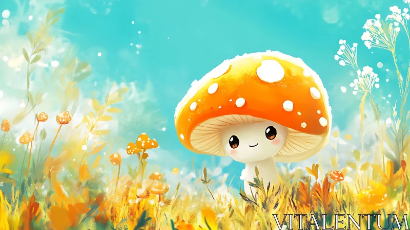 Chromatic meadowscape with anthropomorphic toadstool subject.