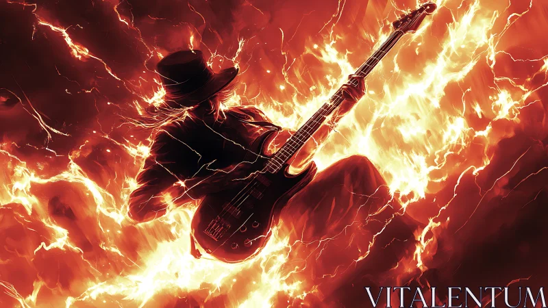 Musician Shredding Guitar Through Fiery Lightning Storm.