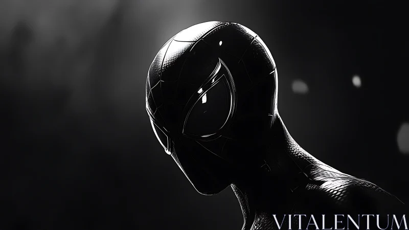 Black suited masked figure in high contrast side profile view.