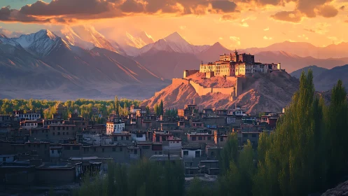 Hilltop monastery above town at warm mountain sunset.