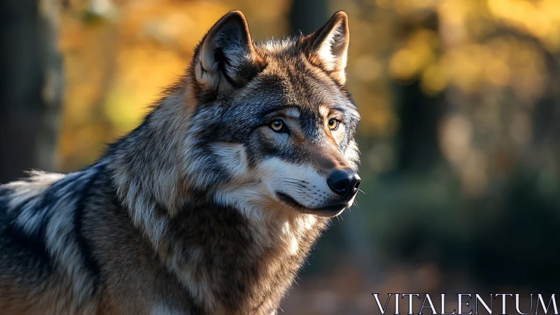 Autumn backlit wolf portrait captures detailed fur and gaze