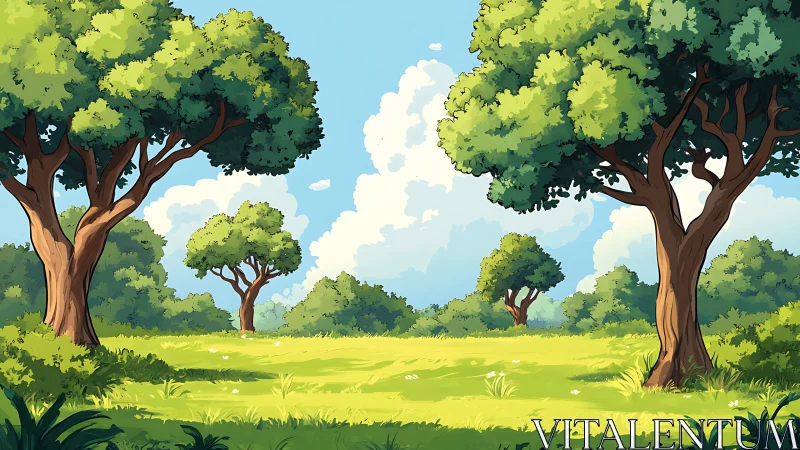 Sunlit meadow extends between lush trees under calm skies