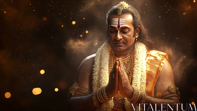 Hindu priest stands praying with folded hands in warm light