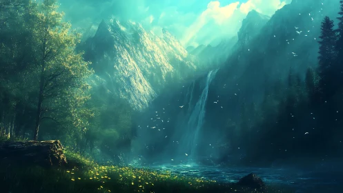 Emerald valley waterfall under ethereal morning light.