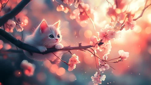 Tiny White Kitten Among Blossoming Cherry Flowers.