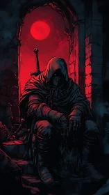 Brooding hooded warrior resting beneath a crimson moon.
