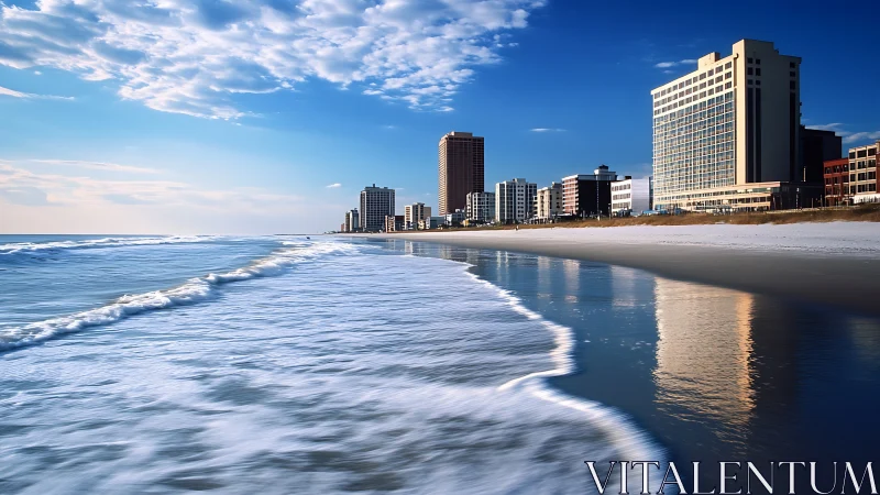 High rise oceanfront skyline with reflective wet shoreline at dawn