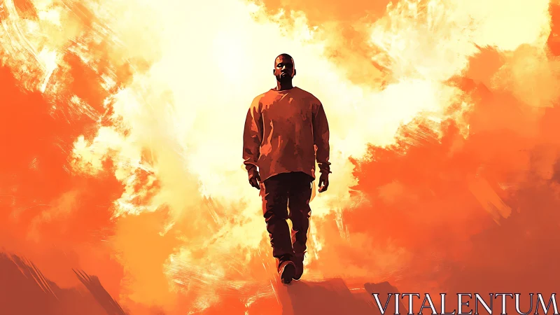 Solitary figure walking through blazing orange clouds.