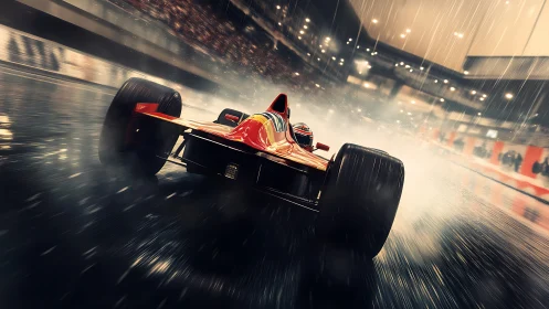 Red formula car accelerates on wet racetrack under rain