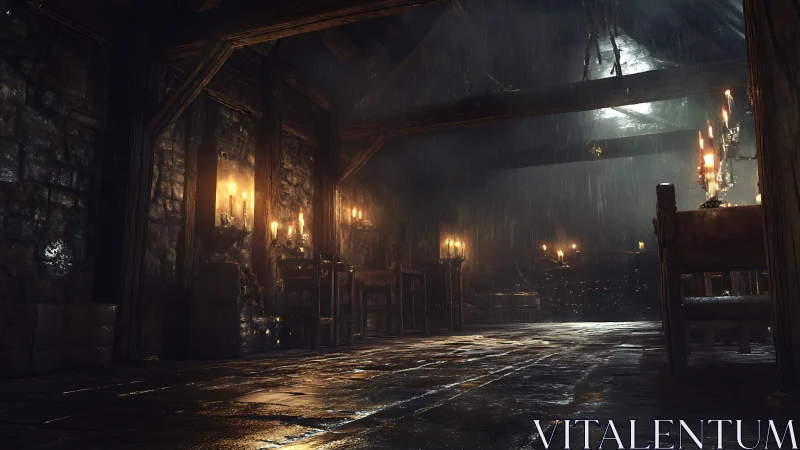 Rain‑soaked medieval tavern interior lit by warm candles