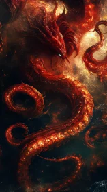 Infernal serpentine dragon coils through molten cosmic void.