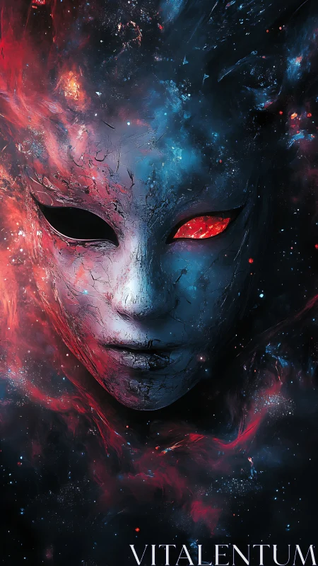 Stellar mask gazes out from swirling red and blue cosmos