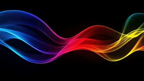 Colorful light wave arcs curve across dark digital background