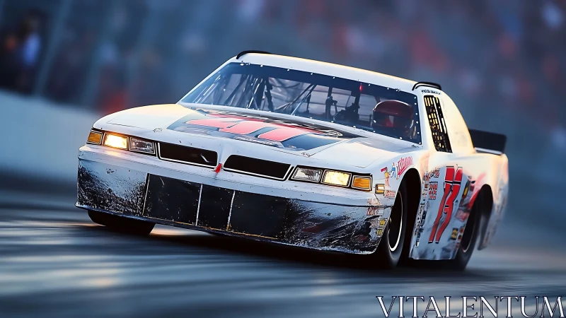 White stock car cornering hard on oval track at dusk