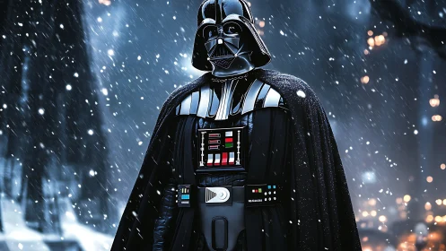 Armored sci fi figure in snowy outdoor environment at night.