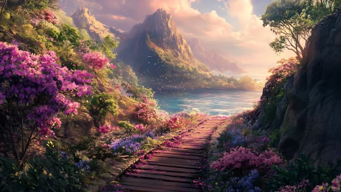 Sunlit floral boardwalk guides toward misty coastal mountains