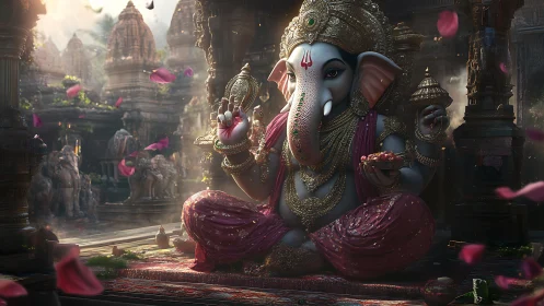 Ganesha idol in ornate temple courtyard rendered as digital painting