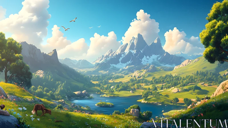 Sunlit valley unfolds beneath majestic snow-capped peaks