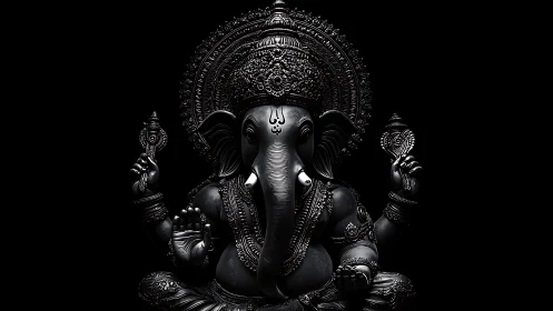 Monochrome ganesha sculpture with ornate headdress detail.