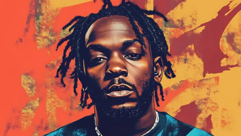 Brooding portrait with bold orange and yellow abstractions.