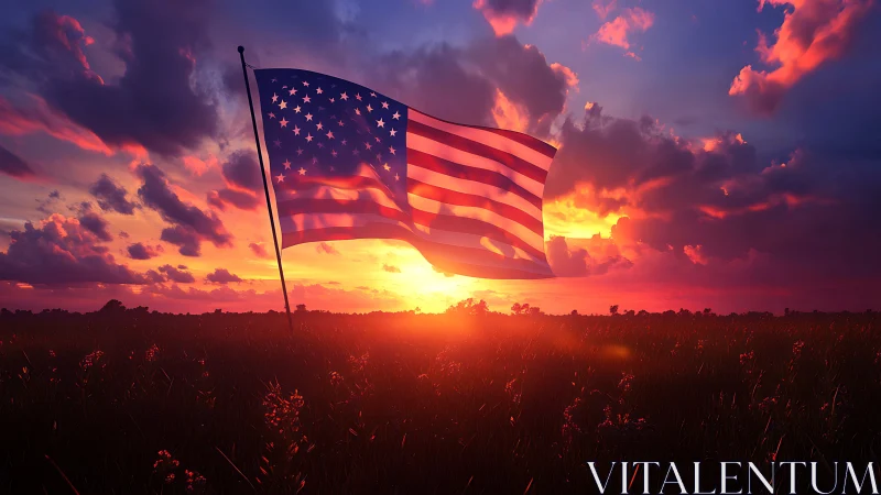American flag waves boldly against a blazing sunset sky.