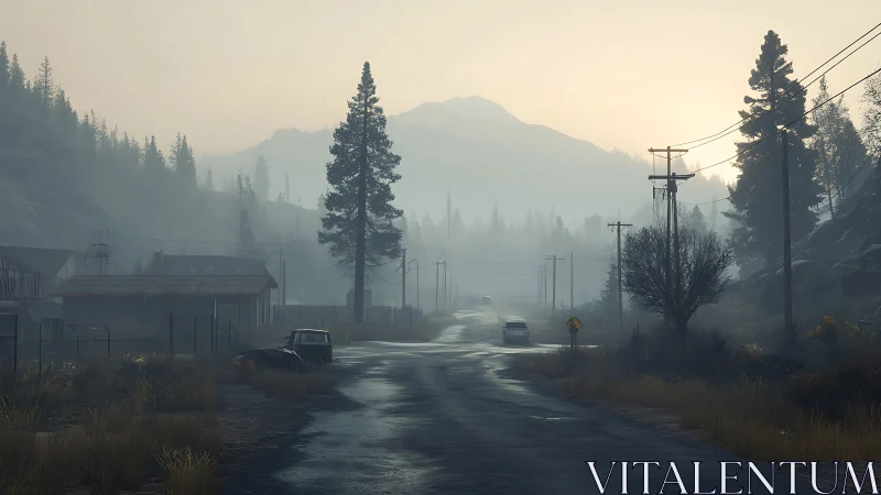 Mist-washed mountain road quietly unwinds toward waking light